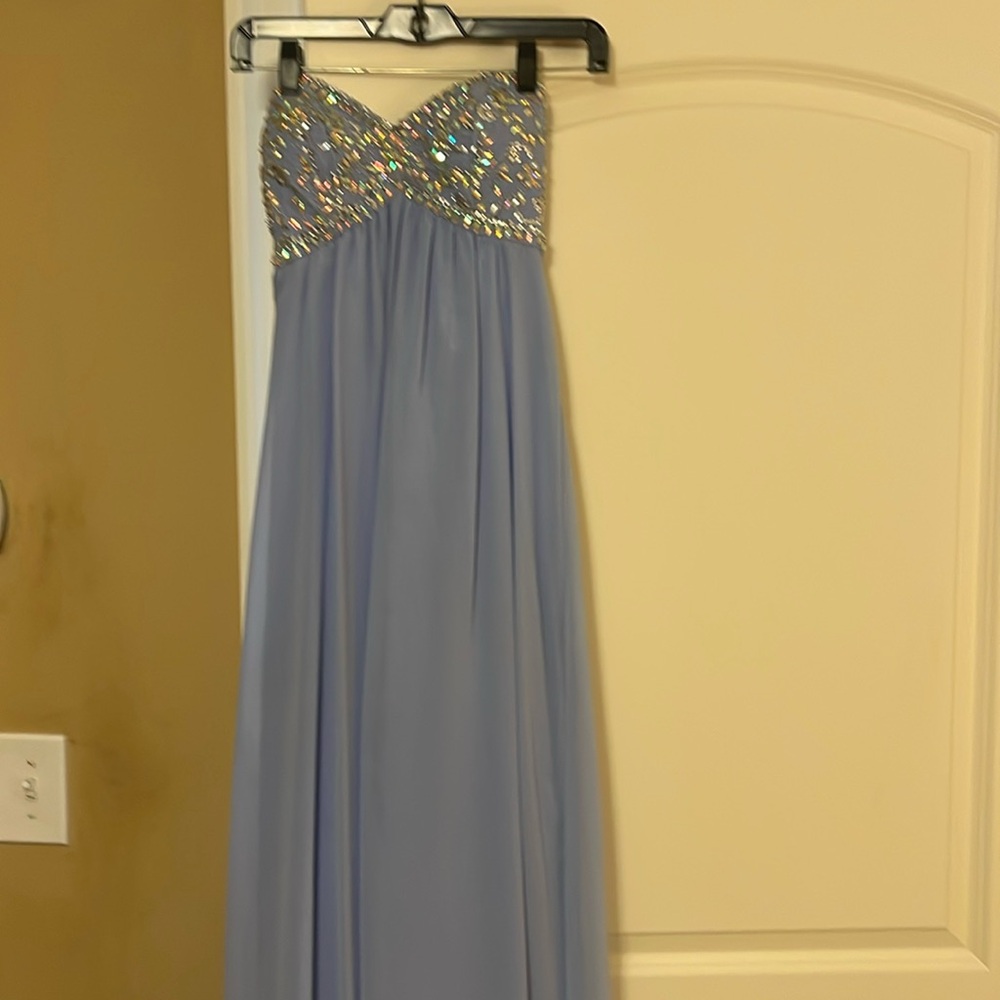 Light blue strapless prom dress with jeweled bodice